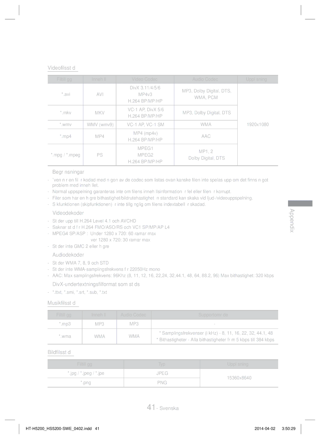 Samsung HT-H5200/EN manual Videofilsstöd,  Begränsningar,  Videodekoder,  Audiodekoder, Musikfilsstöd, Bildfilsstöd 