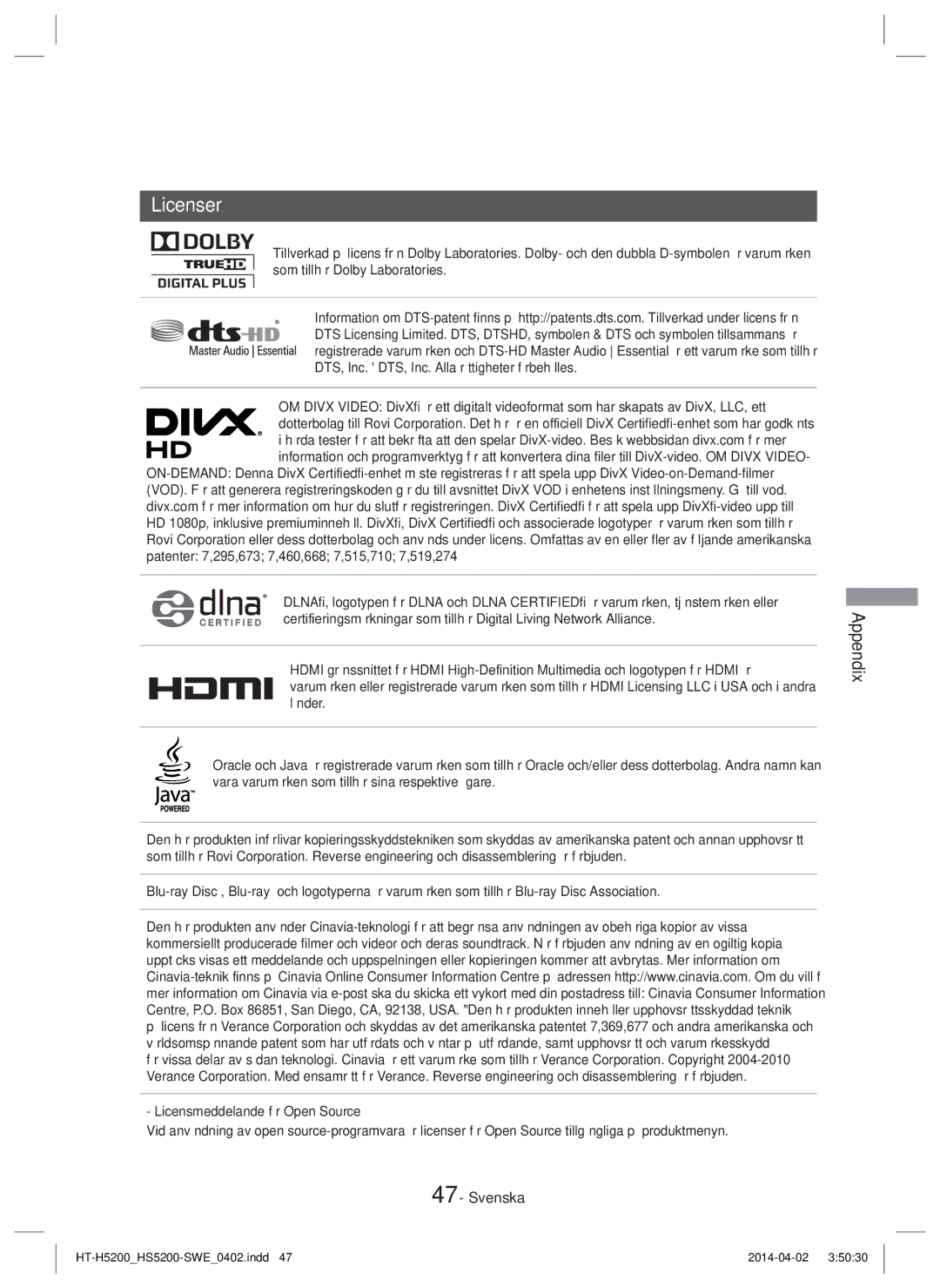 Samsung HT-H5200/XE, HT-HS5200/EN, HT-H5200/EN, HT-HS5200/ZF, HT-H5200/ZF, HT-H5200/XU, HT-HS5200/XN, HT-H5200/XN manual Licenser 