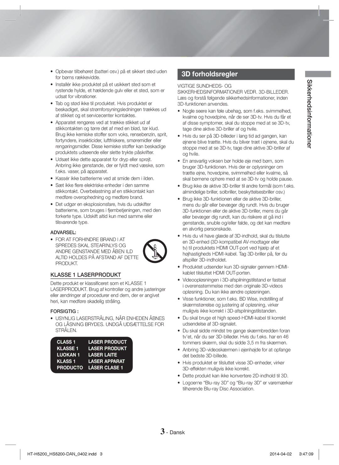 Samsung HT-H5200/ZF, HT-HS5200/EN, HT-H5200/EN, HT-HS5200/ZF, HT-H5200/XU manual 3D forholdsregler, Sikkerhedsinformationer 