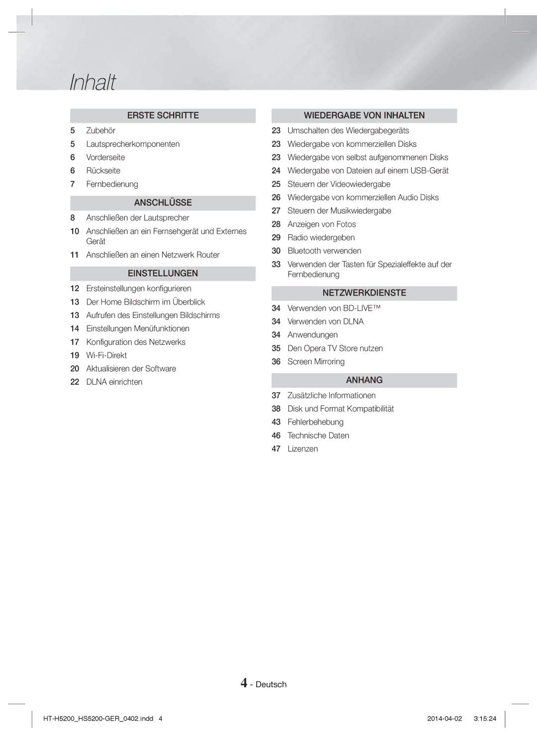 Samsung HT-H5200/XU, HT-HS5200/EN, HT-H5200/EN, HT-HS5200/ZF, HT-H5200/ZF, HT-HS5200/XN, HT-H5200/XN manual Inhalt, Anschlüsse 