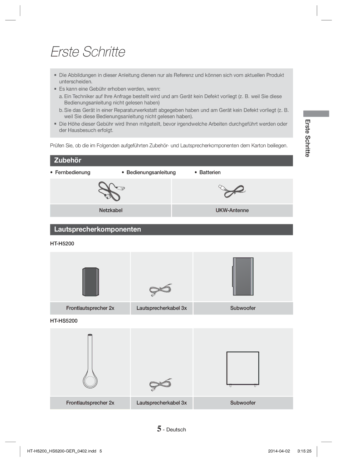 Samsung HT-HS5200/XN, HT-HS5200/EN, HT-H5200/EN, HT-HS5200/ZF, HT-H5200/ZF Erste Schritte, Zubehör, Lautsprecherkomponenten 