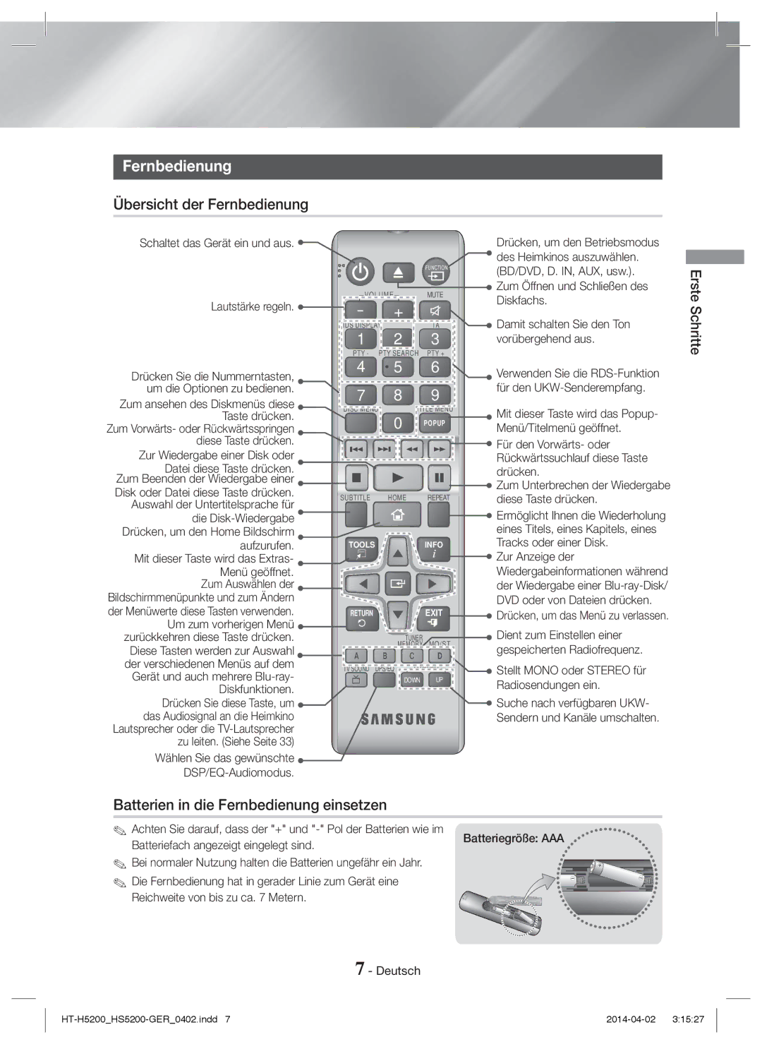 Samsung HT-H5200/XE, HT-HS5200/EN, HT-H5200/EN Übersicht der Fernbedienung, Batterien in die Fernbedienung einsetzen 