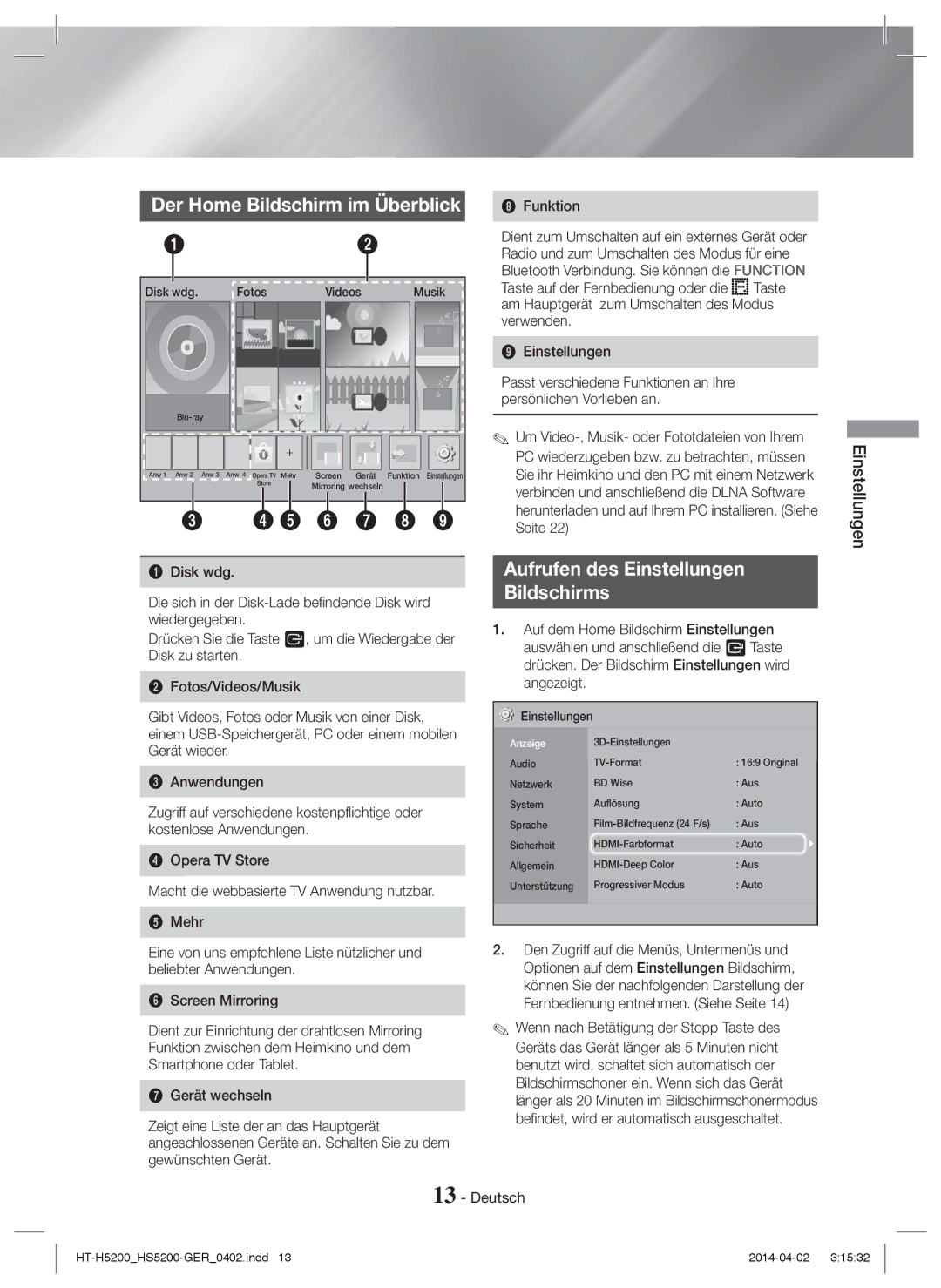 Samsung HT-HS5200/XN, HT-HS5200/EN, HT-H5200/EN, HT-HS5200/ZF, HT-H5200/ZF manual Aufrufen des Einstellungen Bildschirms, Seite 