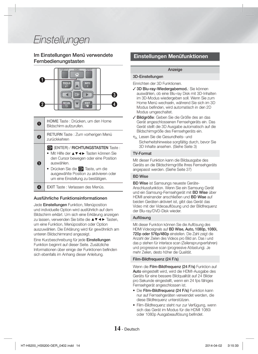 Samsung HT-H5200/XN, HT-HS5200/EN manual Im Einstellungen Menü verwendete Fernbedienungstasten, Einstellungen Menüfunktionen 