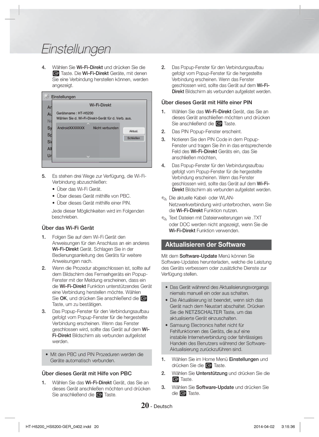 Samsung HT-H5200/XU, HT-HS5200/EN Aktualisieren der Software, Über das Wi-Fi Gerät, Über dieses Gerät mit Hilfe von PBC 