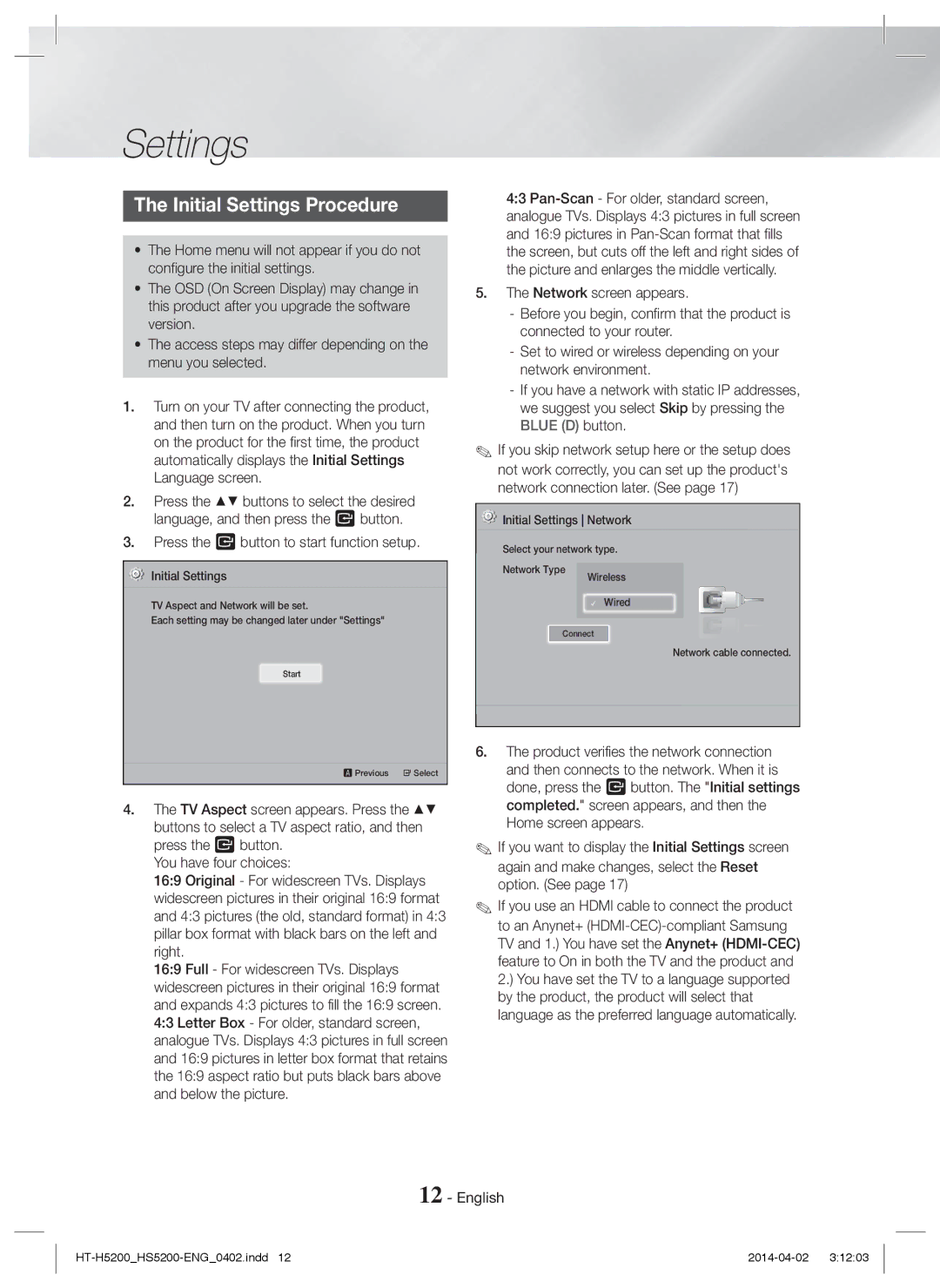 Samsung HT-H5200/XU Initial Settings Procedure, Press the E button to start function setup, Initial Settings Network 