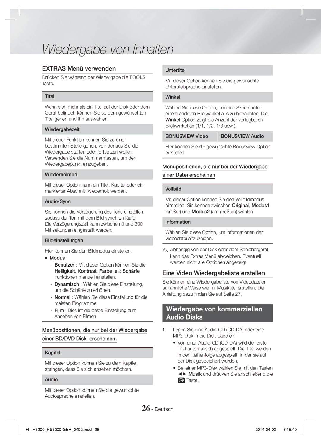 Samsung HT-HS5200/ZF manual Extras Menü verwenden, Eine Video Wiedergabeliste erstellen, Wiedergabe von kommerziellen 