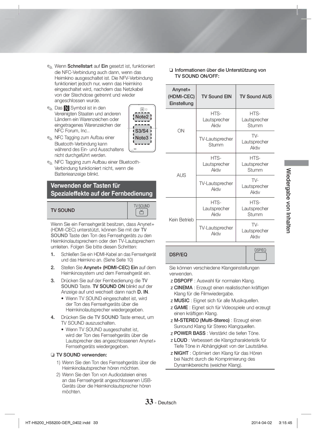 Samsung HT-H5200/EN, HT-HS5200/EN, HT-HS5200/ZF, HT-H5200/ZF, HT-H5200/XU manual Verwenden der Tasten für, TV Sound ON/OFF 