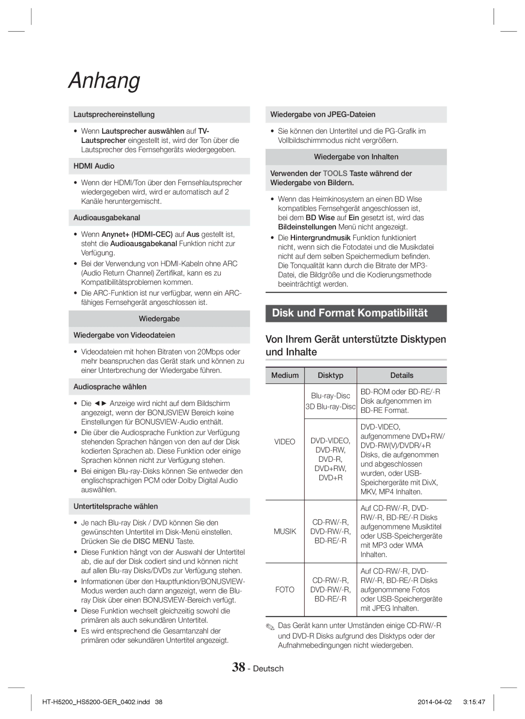 Samsung HT-H5200/XN manual Disk und Format Kompatibilität, Von Ihrem Gerät unterstützte Disktypen und Inhalte, Dvd-Video 