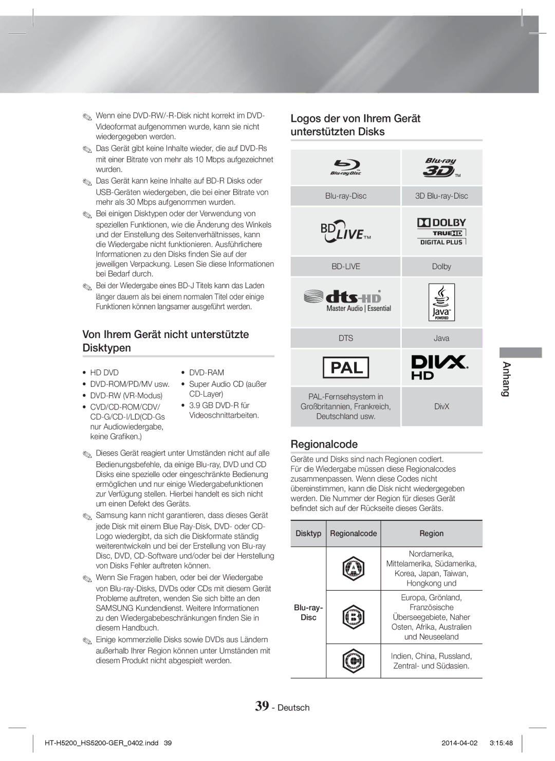 Samsung HT-H5200/XE manual Regionalcode, Blu-ray-Disc, DVD-ROM/PD/MV usw DVD-RW VR-Modus, Super Audio CD außer CD-Layer 