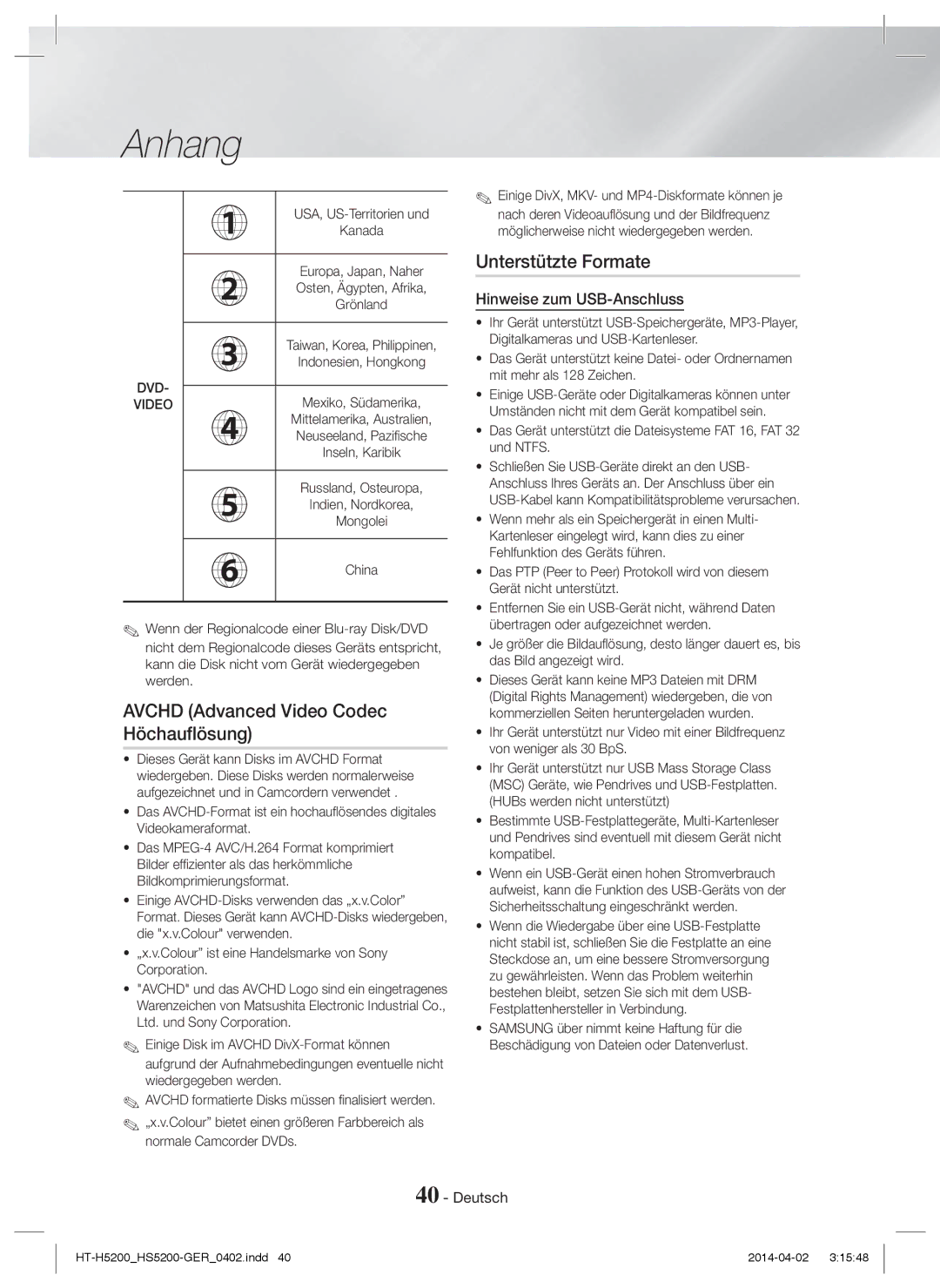 Samsung HT-HS5200/EN manual Avchd Advanced Video Codec Höchauflösung, Unterstützte Formate, Hinweise zum USB-Anschluss 