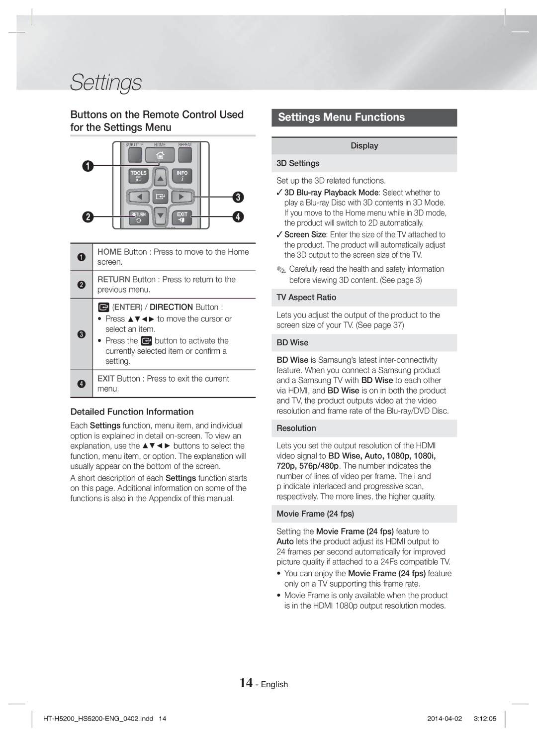 Samsung HT-H5200/XN, HT-HS5200/EN manual Buttons on the Remote Control Used for the Settings Menu, Settings Menu Functions 