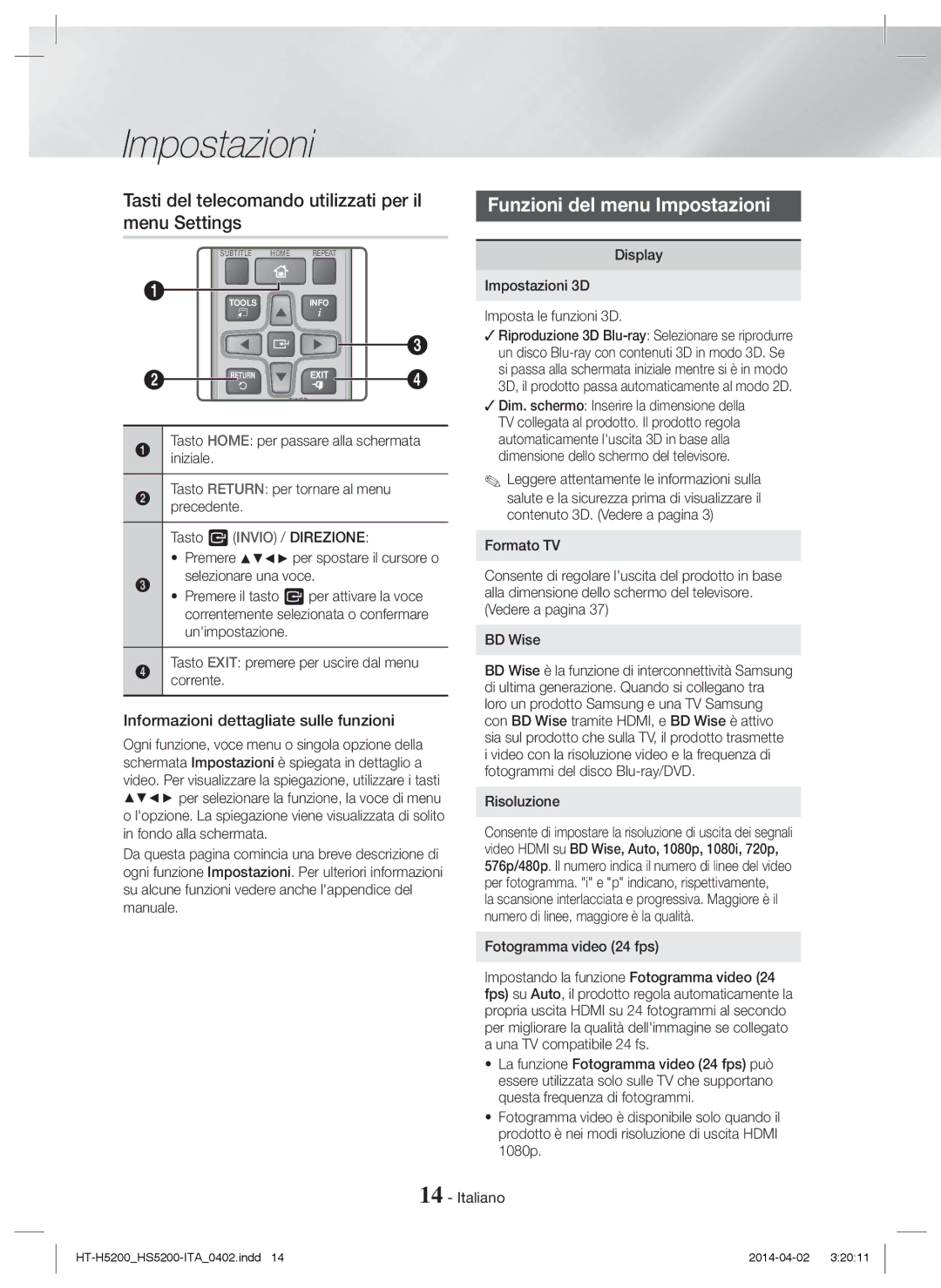 Samsung HT-H5200/XN, HT-HS5200/EN Tasti del telecomando utilizzati per il menu Settings, Funzioni del menu Impostazioni 