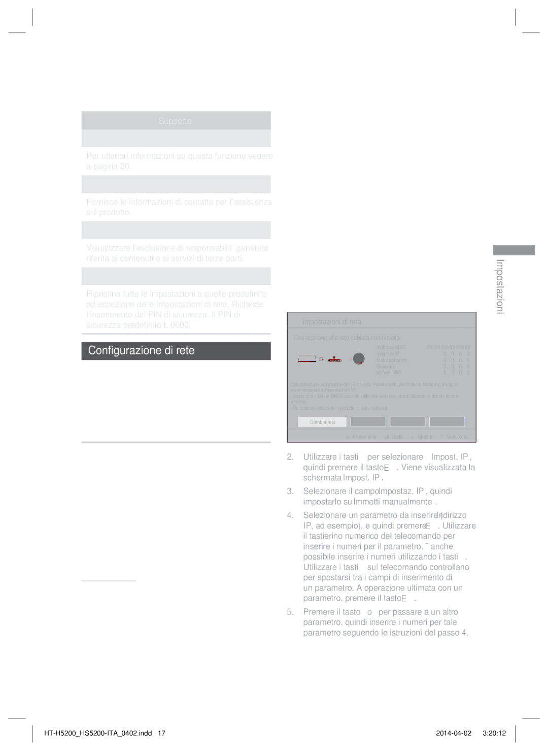 Samsung HT-H5200/EN Configurazione di rete, Configurazione del collegamento alla rete, Rete via cavo, Impostazioni di rete 