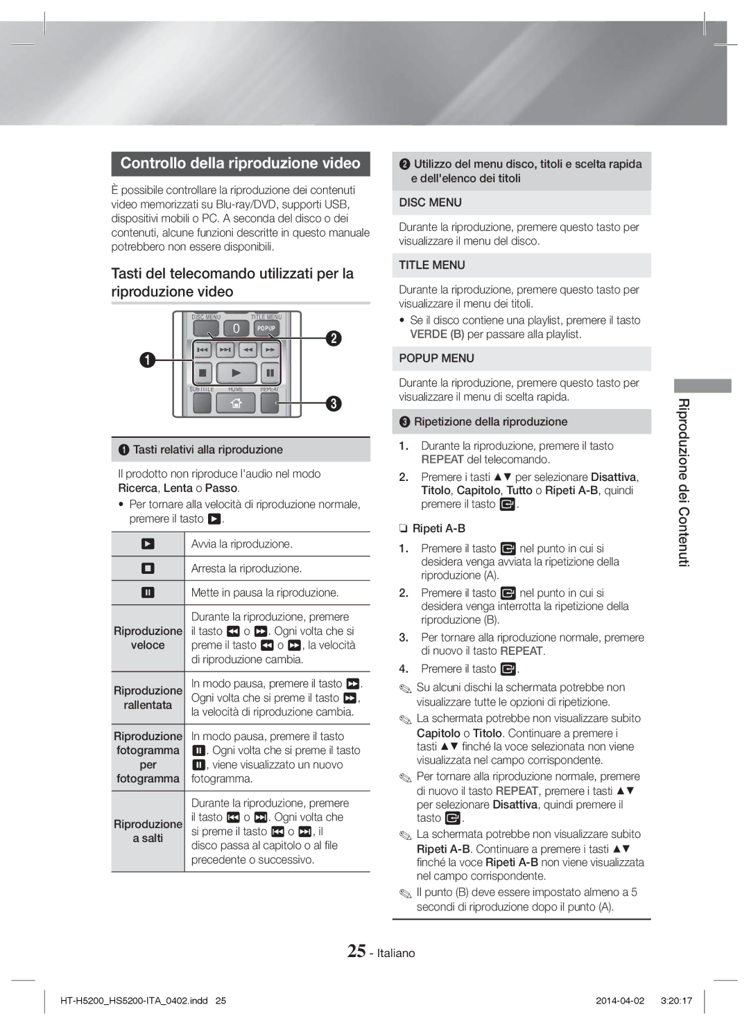 Samsung HT-H5200/EN manual Controllo della riproduzione video, Tasti del telecomando utilizzati per la riproduzione video 