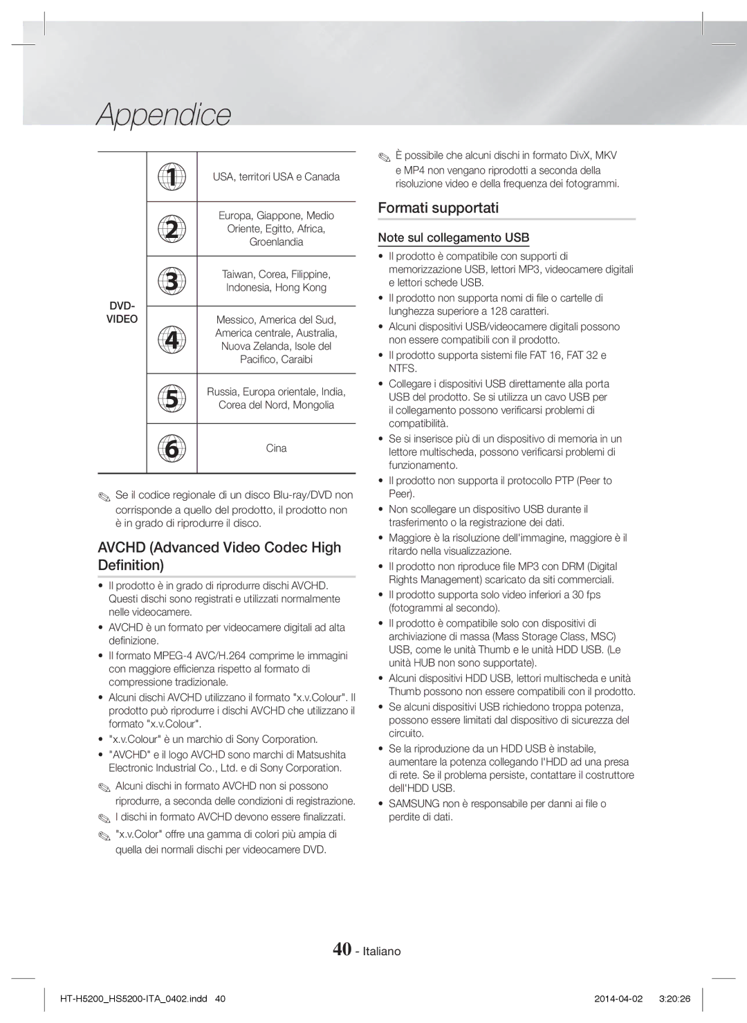 Samsung HT-HS5200/EN, HT-H5200/EN, HT-HS5200/ZF manual Formati supportati, Dischi in formato Avchd devono essere finalizzati 