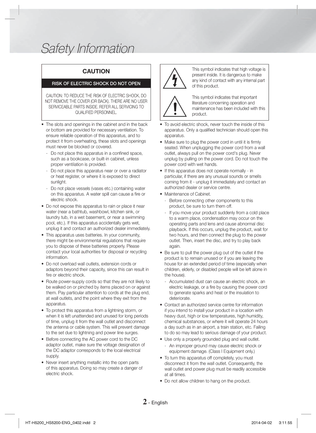 Samsung HT-HS5200/ZF, HT-HS5200/EN manual Safety Information, English, Use only a properly grounded plug and wall outlet 