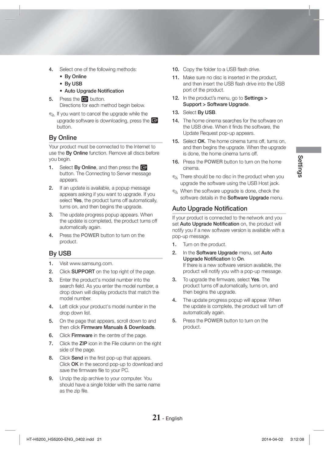 Samsung HT-HS5200/XN, HT-HS5200/EN, HT-H5200/EN, HT-HS5200/ZF manual By Online, Auto Upgrade Notification, Select By USB 