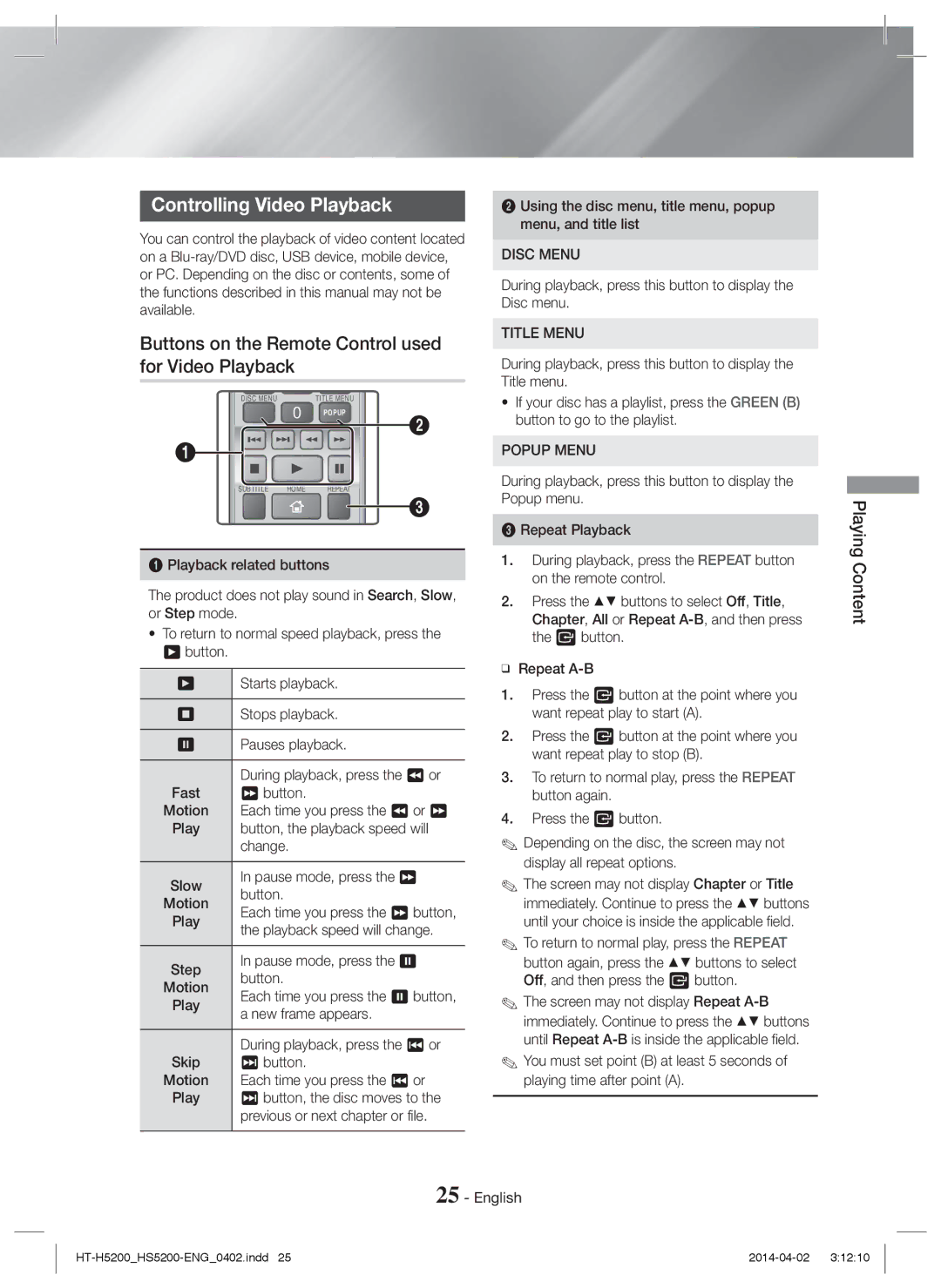 Samsung HT-H5200/EN manual Controlling Video Playback, Buttons on the Remote Control used for Video Playback, Disc Menu 