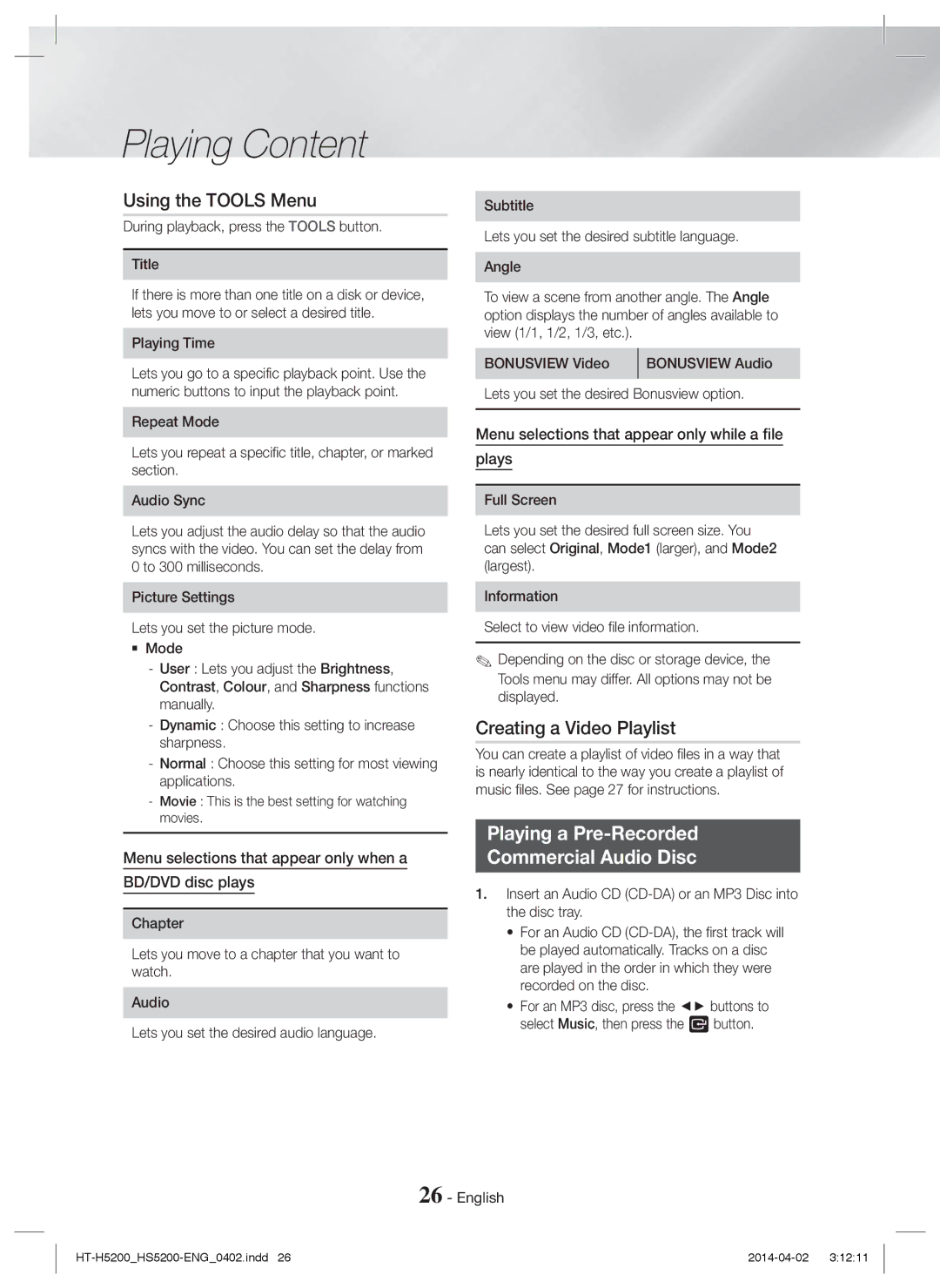 Samsung HT-HS5200/ZF manual Using the Tools Menu, Creating a Video Playlist, Playing a Pre-Recorded Commercial Audio Disc 