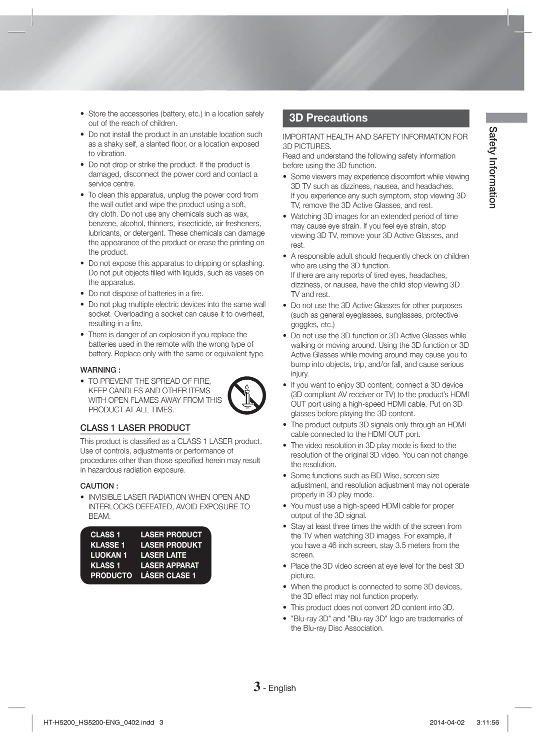 Samsung HT-H5200/ZF, HT-HS5200/EN, HT-H5200/EN 3D Precautions, Important Health and Safety Information for 3D Pictures 