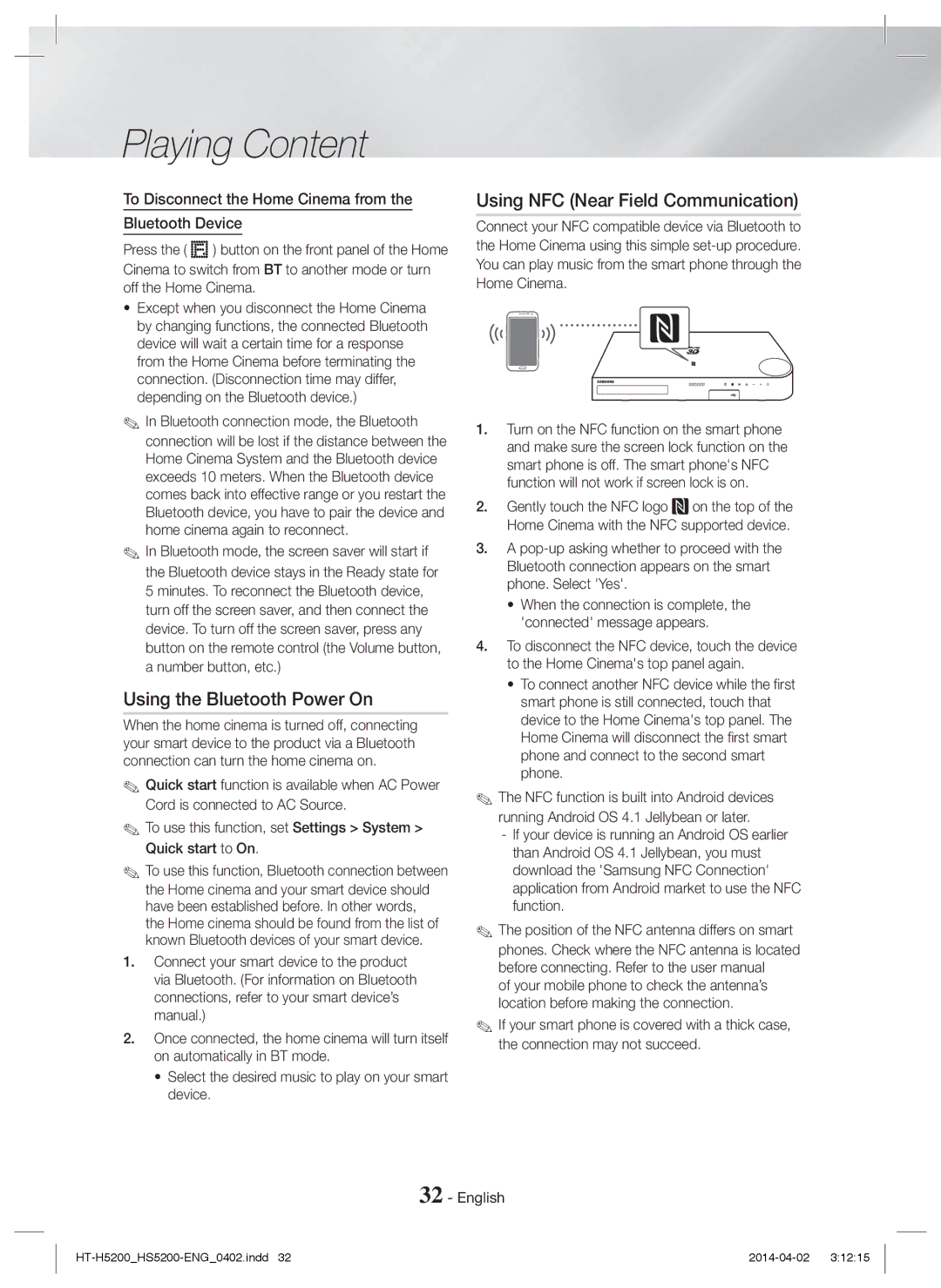 Samsung HT-HS5200/EN, HT-H5200/EN, HT-HS5200/ZF manual Using the Bluetooth Power On, Using NFC Near Field Communication 