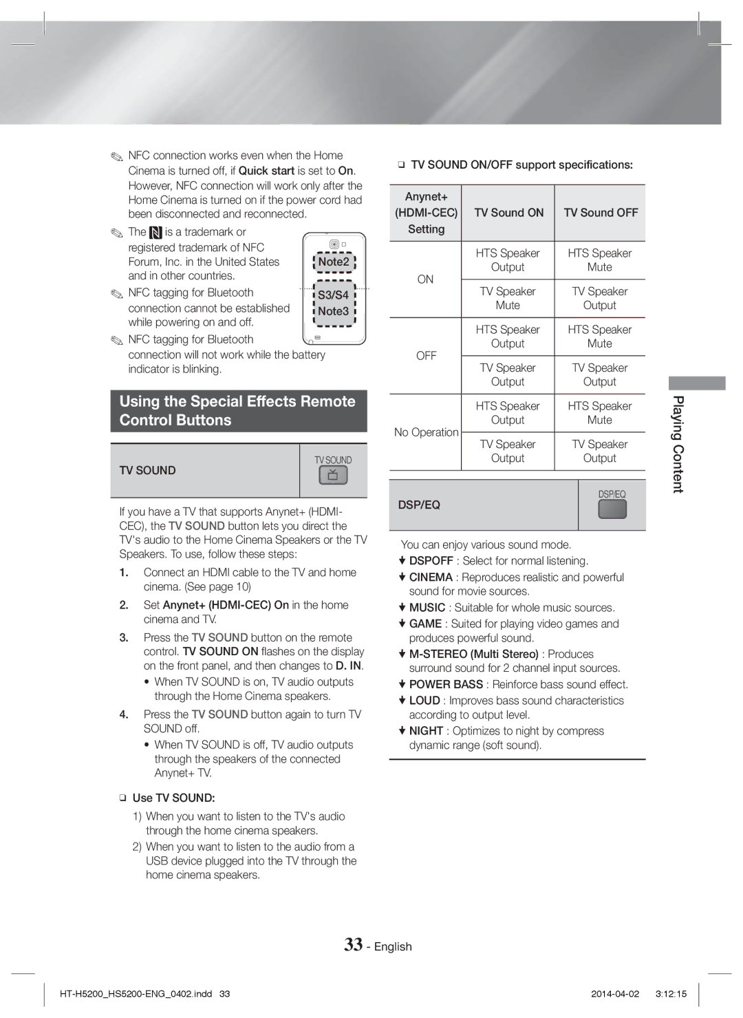 Samsung HT-H5200/EN, HT-HS5200/EN, HT-HS5200/ZF manual Using the Special Effects Remote Control Buttons, TV Sound, Dsp/Eq 