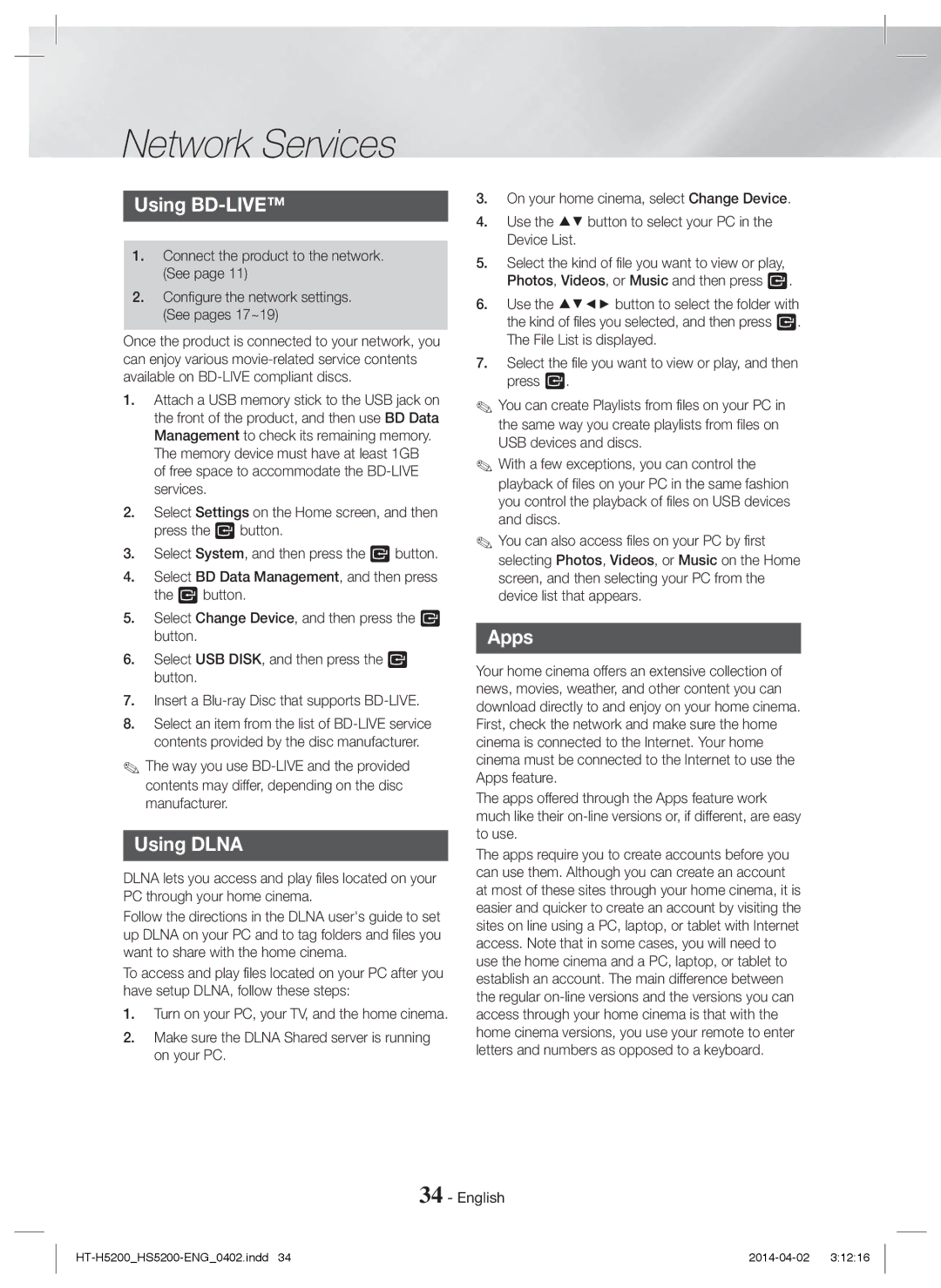 Samsung HT-HS5200/ZF Network Services, Using BD-LIVE, Using Dlna, Apps, Turn on your PC, your TV, and the home cinema 