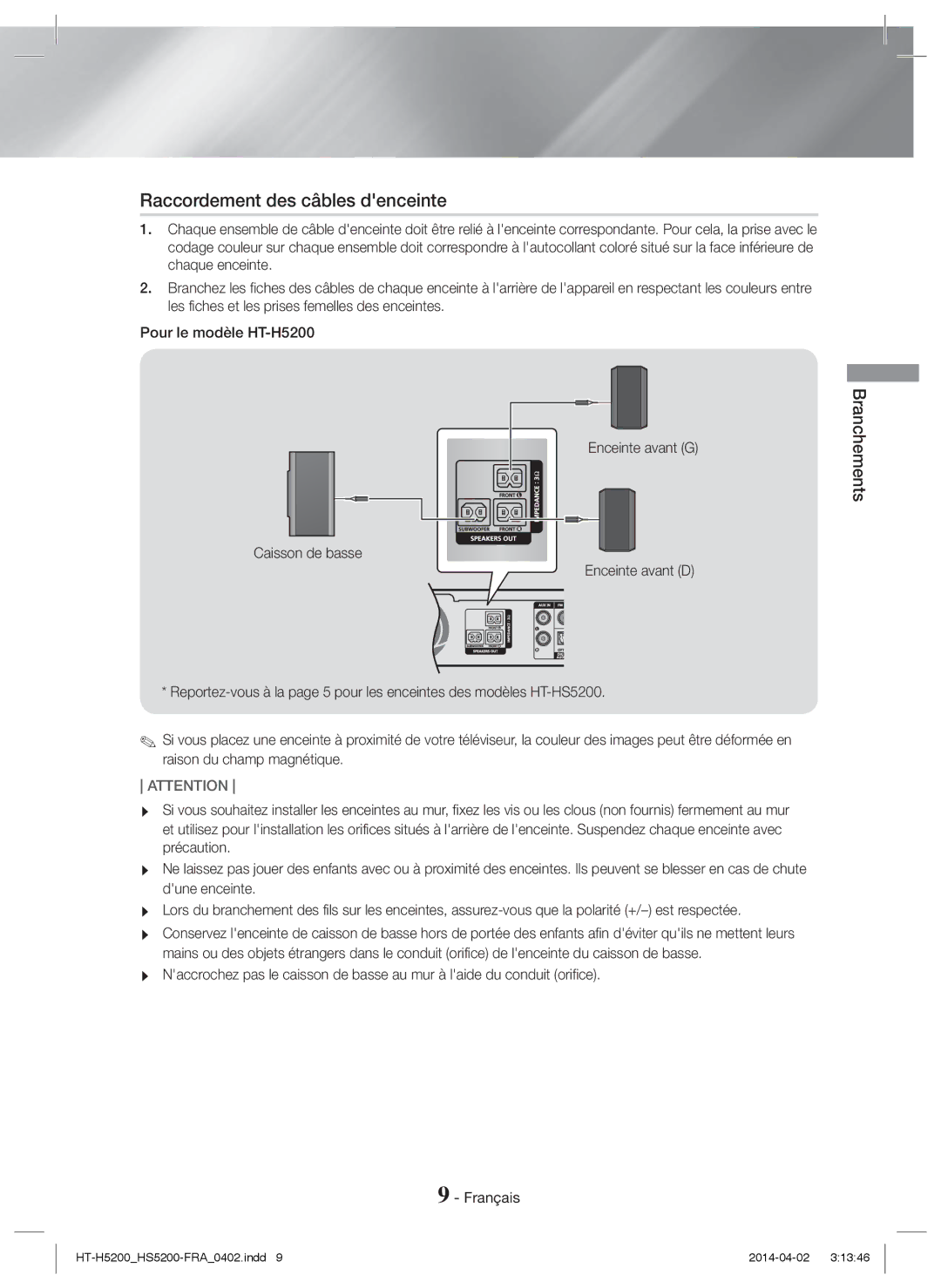 Samsung HT-H5200/EN, HT-HS5200/EN, HT-HS5200/ZF, HT-H5200/ZF, HT-H5200/XU Raccordement des câbles denceinte, Branchements 