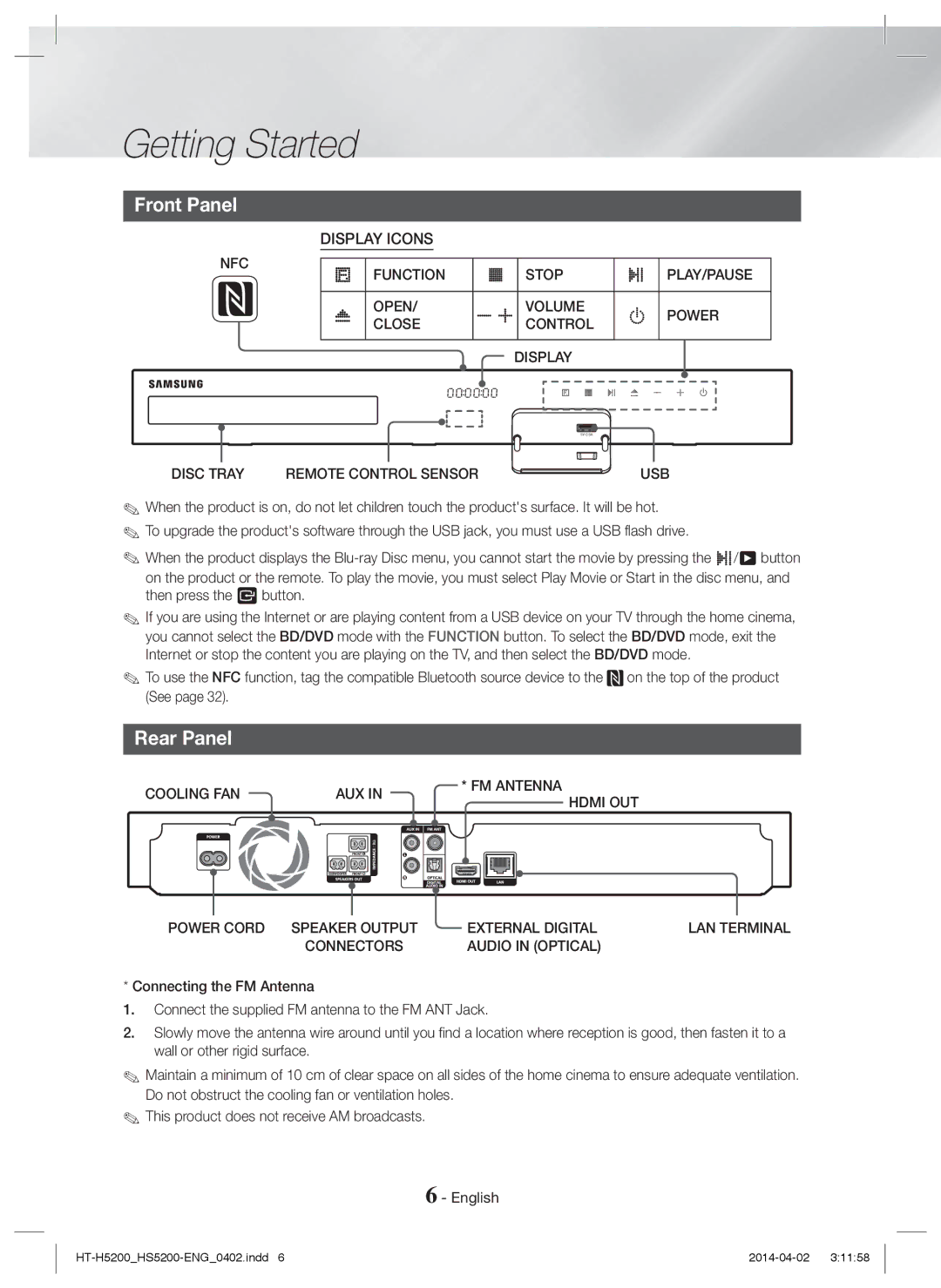 Samsung HT-H5200/XN manual Front Panel, Rear Panel, Nfc, Disc Tray Remote Control Sensor, Connectors Audio in Optical 