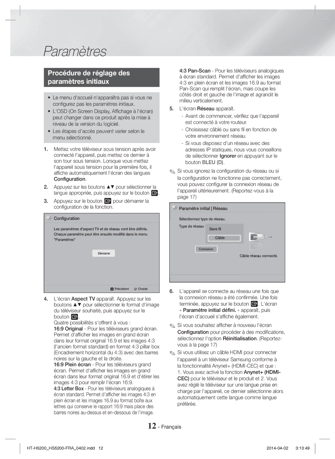 Samsung HT-H5200/XU manual Procédure de réglage des Paramètres initiaux, Pan-Scan Pour les téléviseurs analogiques 