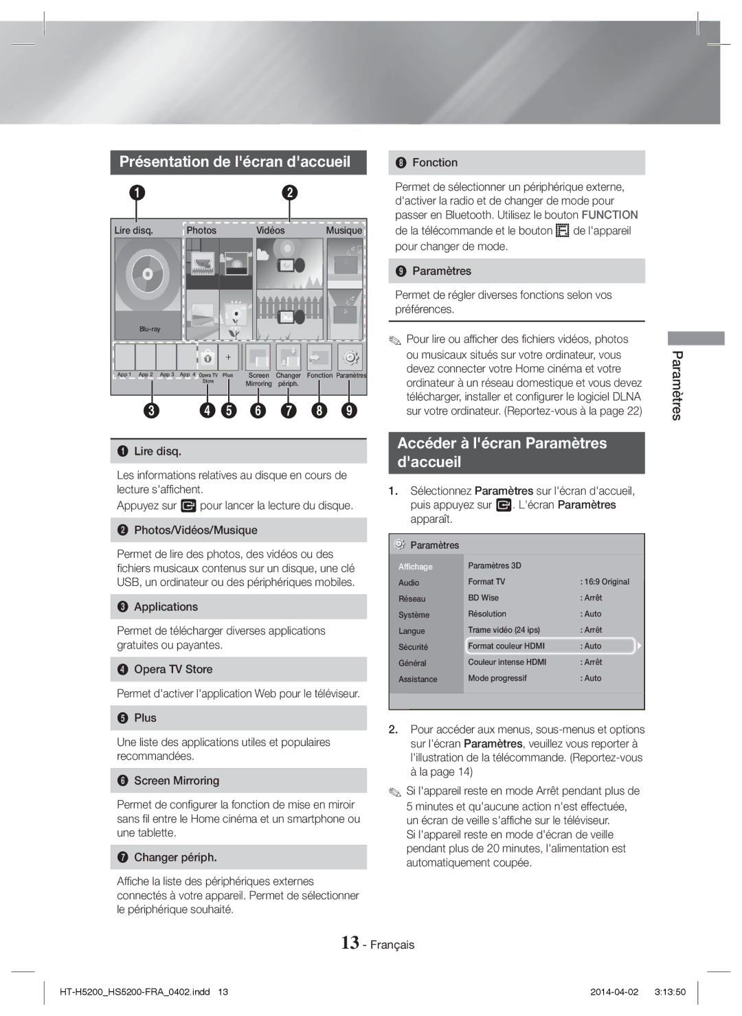 Samsung HT-HS5200/XN, HT-HS5200/EN manual Présentation de lécran daccueil, Accéder à lécran Paramètres Daccueil, Fonction 