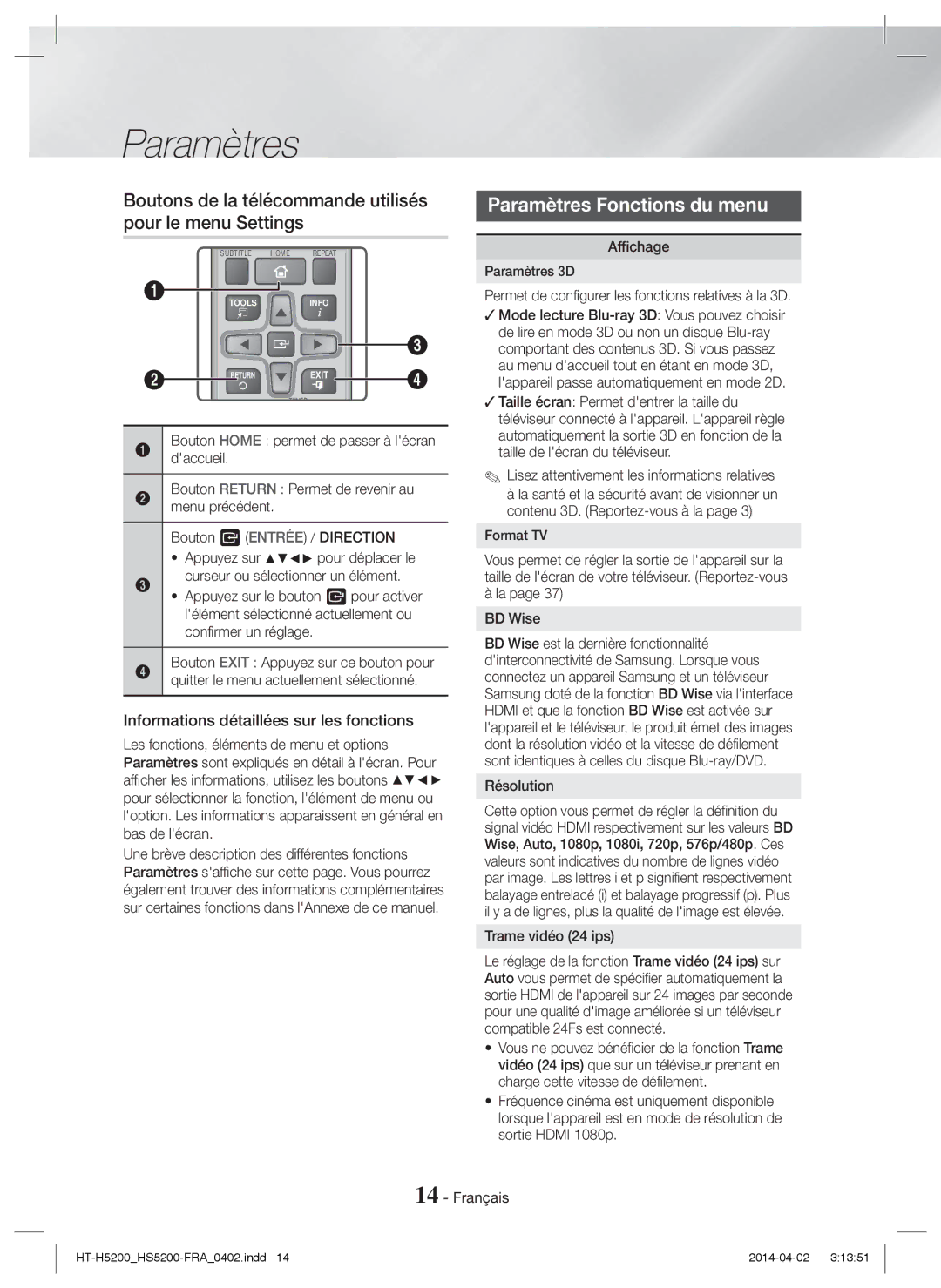 Samsung HT-H5200/XN, HT-HS5200/EN Boutons de la télécommande utilisés pour le menu Settings, Paramètres Fonctions du menu 