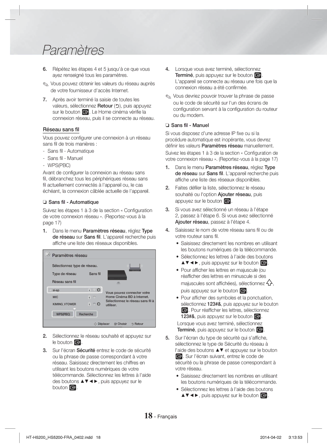 Samsung HT-HS5200/ZF, HT-HS5200/EN, HT-H5200/EN, HT-H5200/ZF, HT-H5200/XU, HT-HS5200/XN, HT-H5200/XN manual Réseau sans fil 