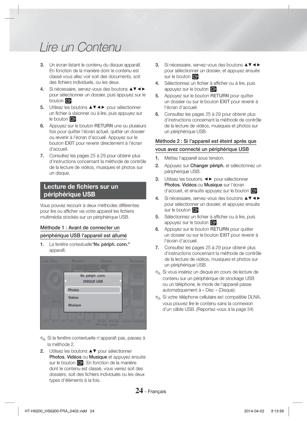 Samsung HT-HS5200/EN, HT-H5200/EN, HT-HS5200/ZF, HT-H5200/ZF, HT-H5200/XU manual Lecture de fichiers sur un Périphérique USB 