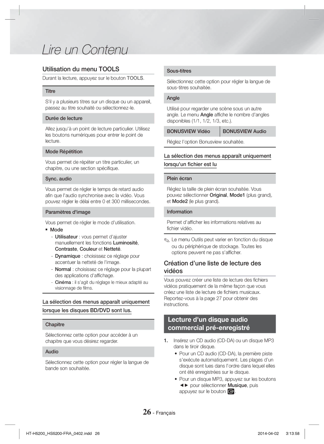 Samsung HT-HS5200/ZF, HT-HS5200/EN, HT-H5200/EN manual Utilisation du menu Tools, Création d’une liste de lecture des vidéos 