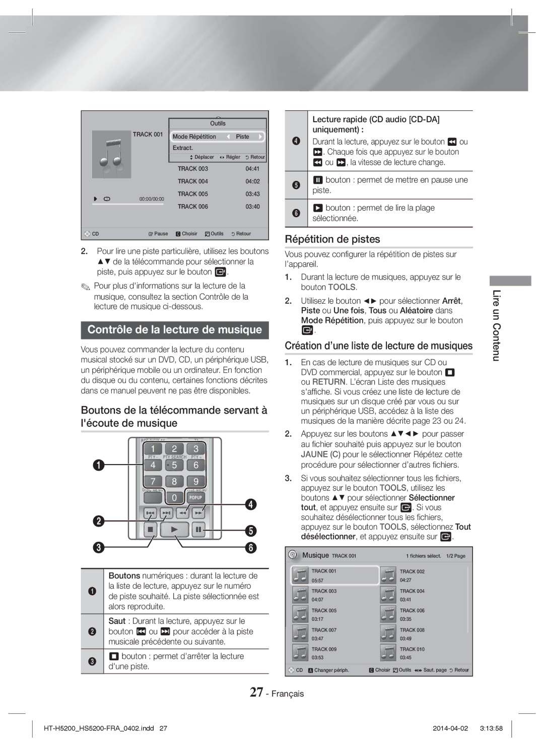 Samsung HT-H5200/ZF, HT-HS5200/EN, HT-H5200/EN, HT-HS5200/ZF manual Répétition de pistes, Contrôle de la lecture de musique 