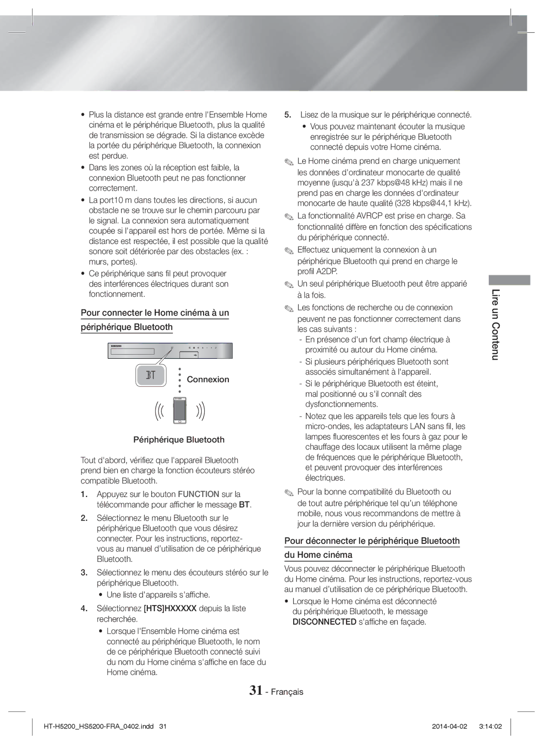 Samsung HT-H5200/XE, HT-HS5200/EN, HT-H5200/EN, HT-HS5200/ZF manual Pour connecter le Home cinéma à un Périphérique Bluetooth 