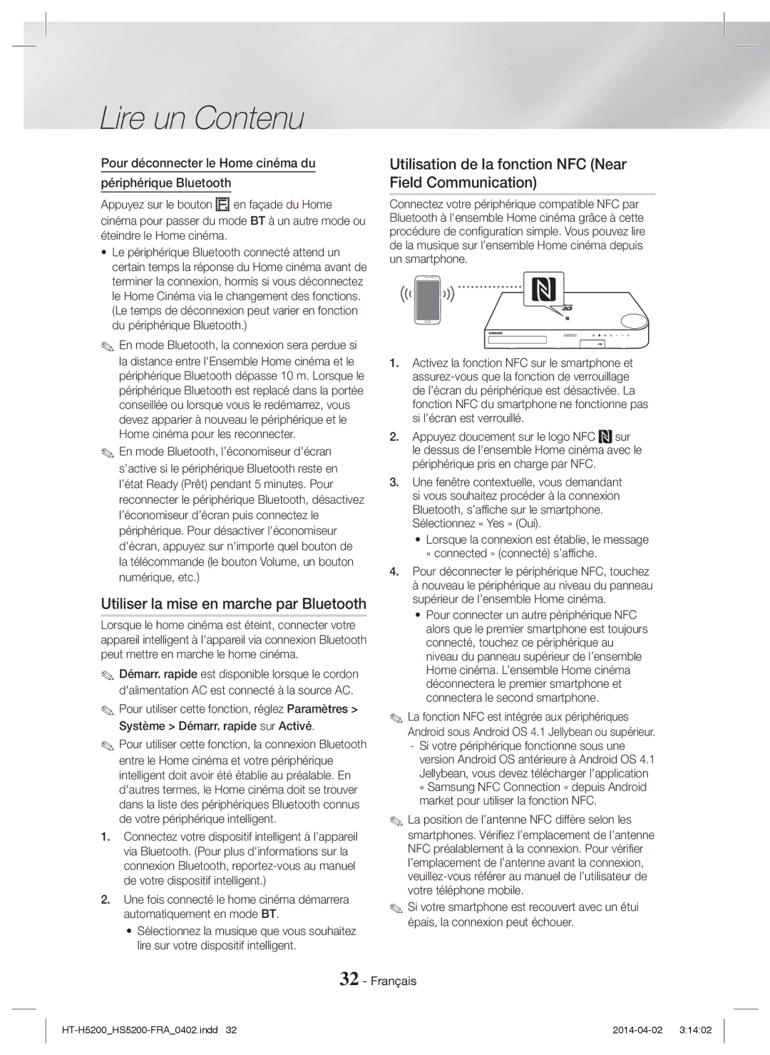 Samsung HT-HS5200/EN Utiliser la mise en marche par Bluetooth, Utilisation de la fonction NFC Near Field Communication 