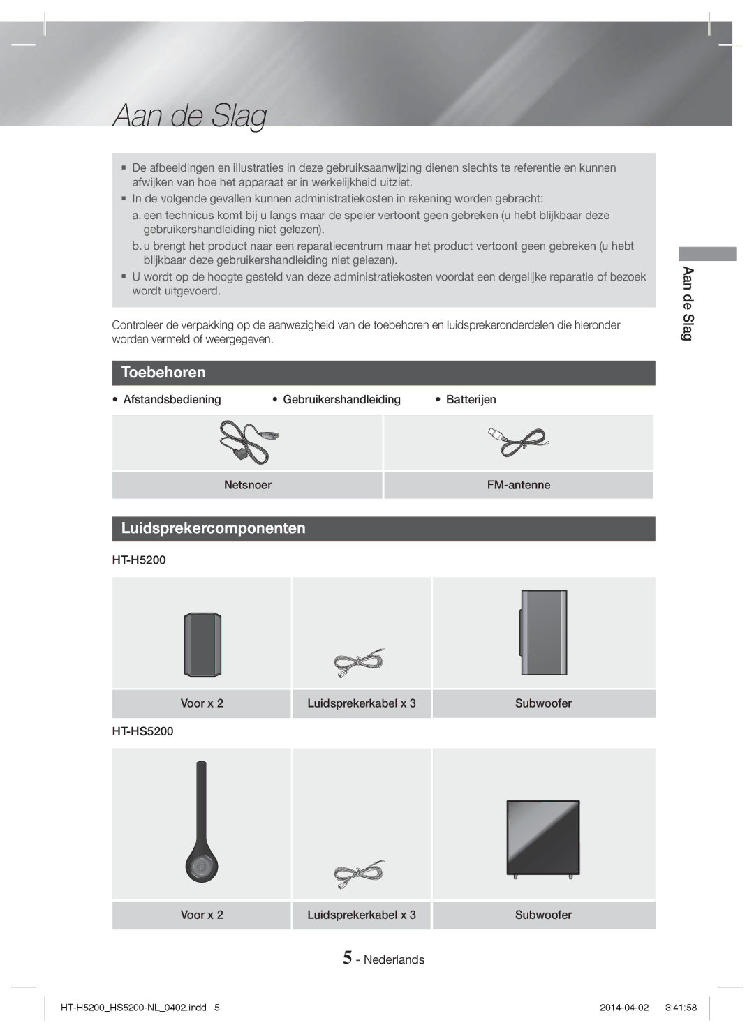 Samsung HT-HS5200/XN, HT-HS5200/EN, HT-H5200/EN, HT-HS5200/ZF, HT-H5200/ZF Aan de Slag, Toebehoren, Luidsprekercomponenten 