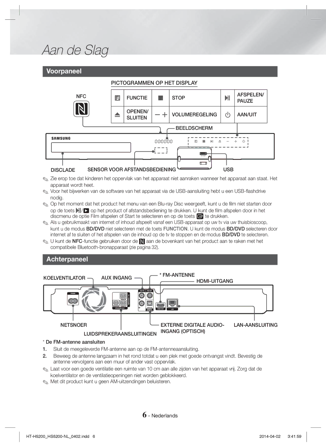 Samsung HT-H5200/XN, HT-HS5200/EN, HT-H5200/EN, HT-HS5200/ZF, HT-H5200/ZF, HT-H5200/XU, HT-HS5200/XN Voorpaneel, Achterpaneel 