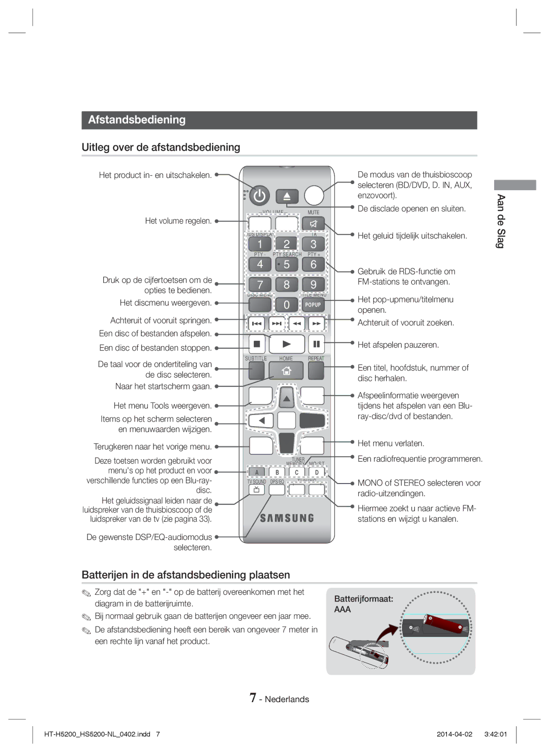 Samsung HT-H5200/XE Afstandsbediening, Uitleg over de afstandsbediening, Batterijen in de afstandsbediening plaatsen, Aaa 