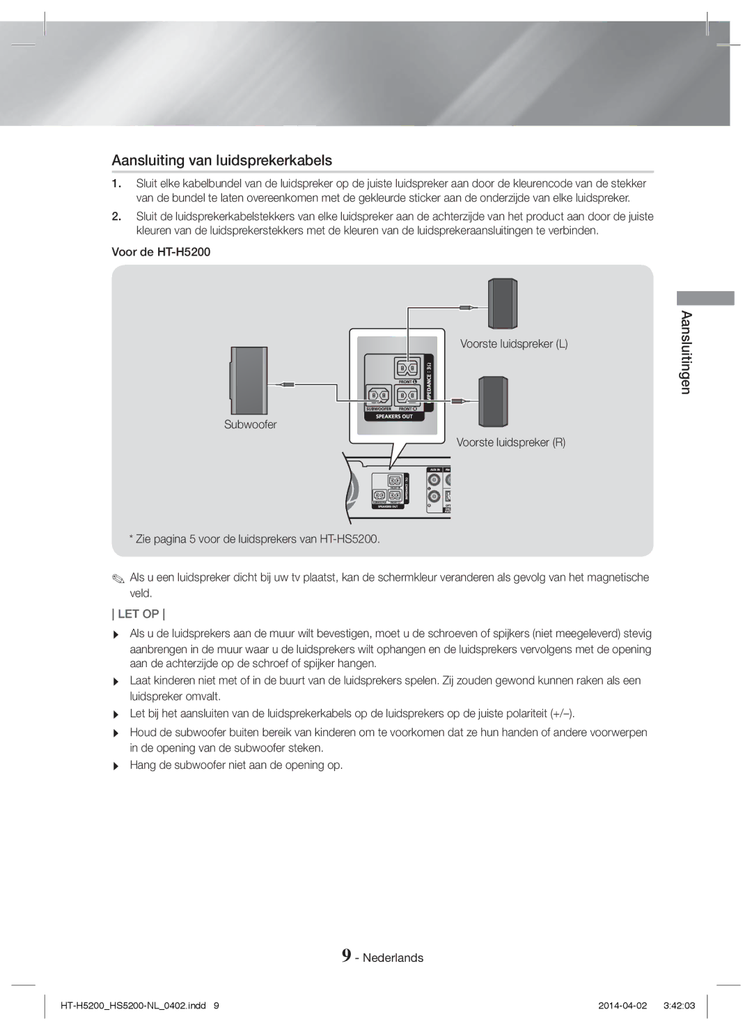 Samsung HT-H5200/EN, HT-HS5200/EN, HT-HS5200/ZF, HT-H5200/ZF, HT-H5200/XU Aansluiting van luidsprekerkabels, Aansluitingen 