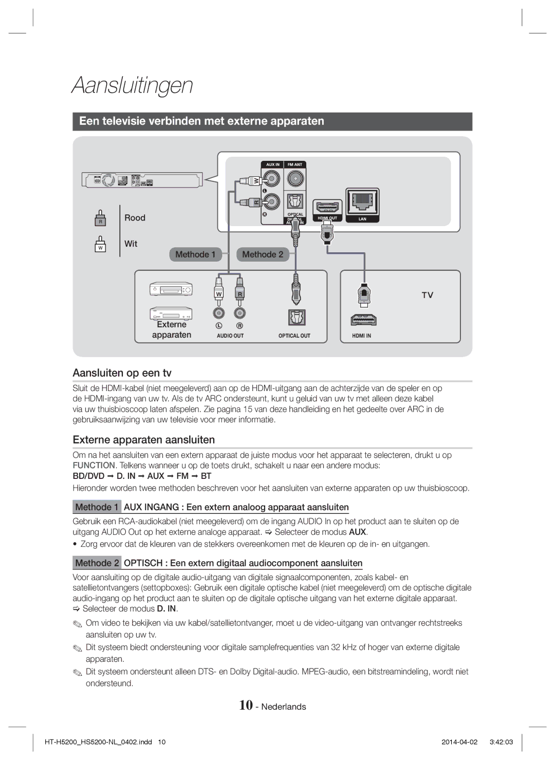 Samsung HT-HS5200/ZF Een televisie verbinden met externe apparaten, Aansluiten op een tv, Externe apparaten aansluiten 