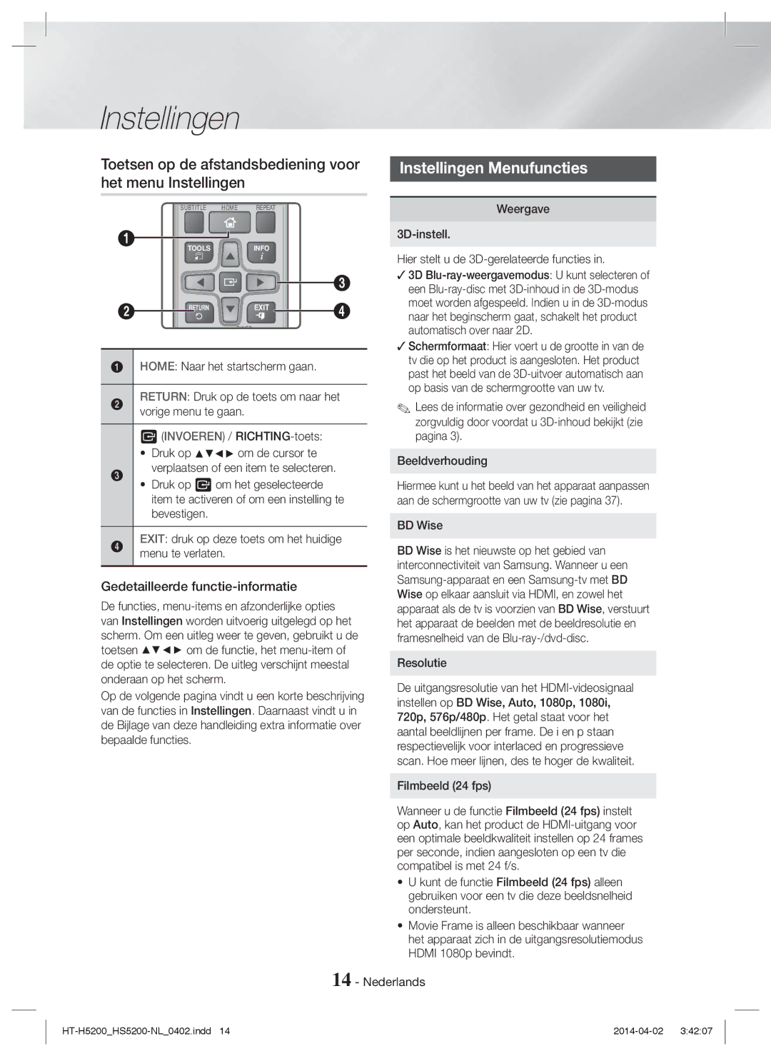 Samsung HT-H5200/XN, HT-HS5200/EN Toetsen op de afstandsbediening voor het menu Instellingen, Instellingen Menufuncties 