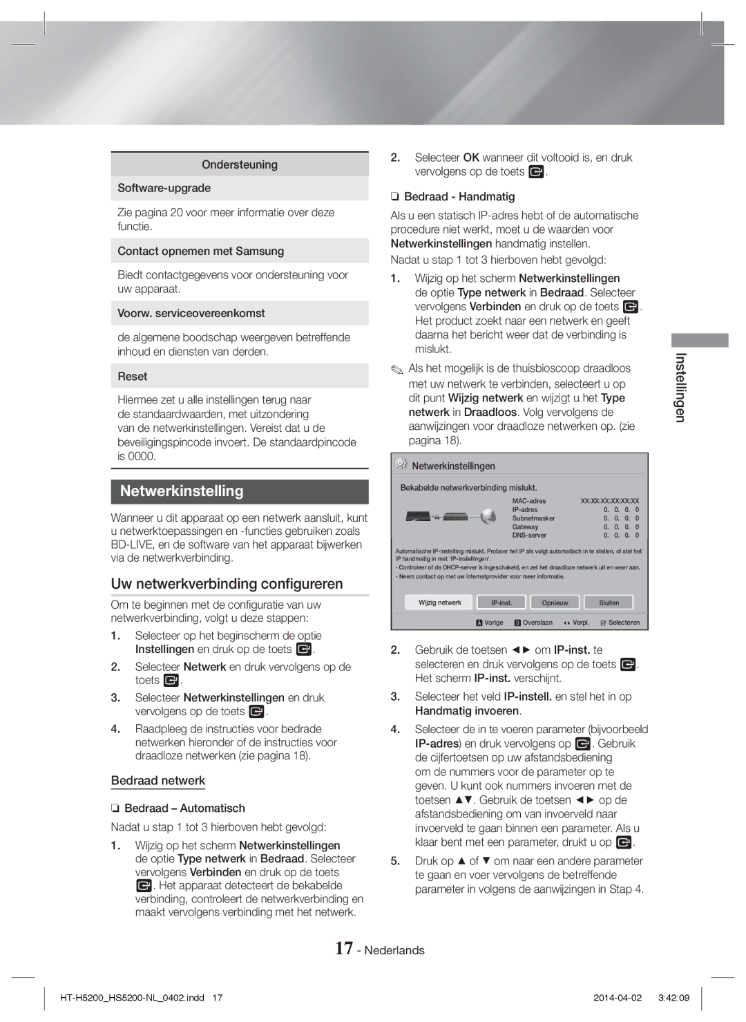 Samsung HT-H5200/EN, HT-HS5200/EN, HT-HS5200/ZF Uw netwerkverbinding configureren, Bedraad netwerk, Netwerkinstellingen 