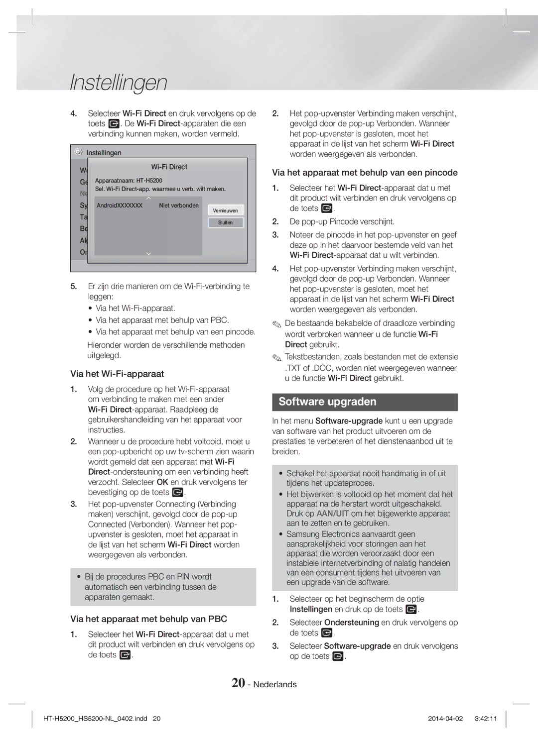 Samsung HT-H5200/XU, HT-HS5200/EN manual Software upgraden, Via het Wi-Fi-apparaat, Via het apparaat met behulp van PBC 