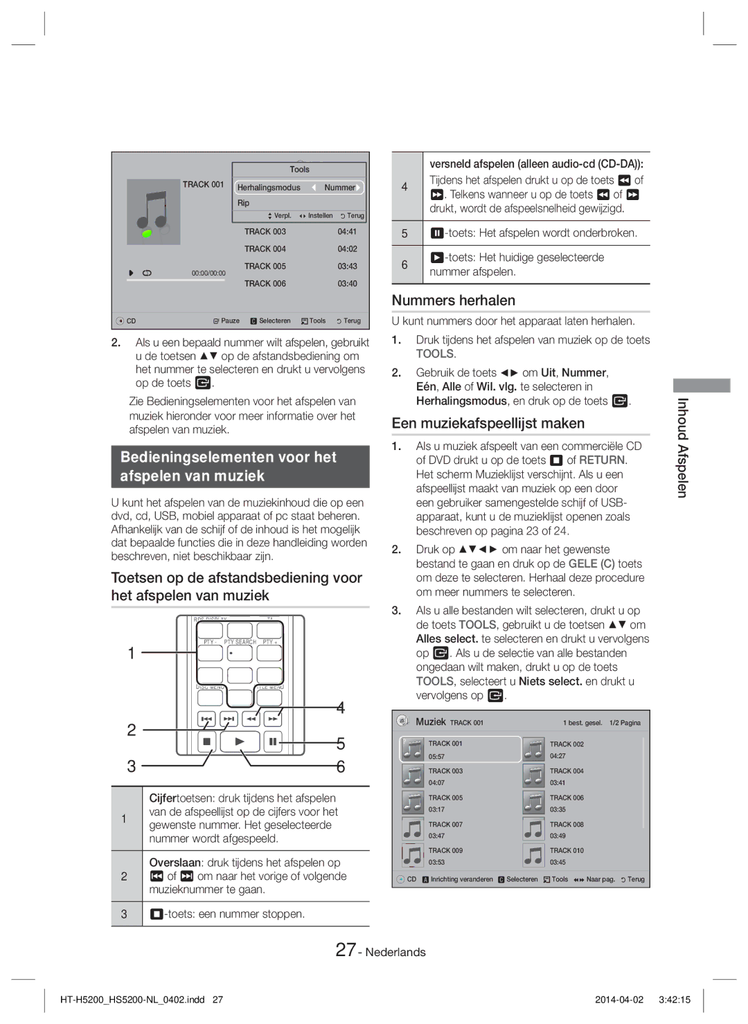 Samsung HT-H5200/ZF manual Bedieningselementen voor het Afspelen van muziek, Nummers herhalen, Een muziekafspeellijst maken 