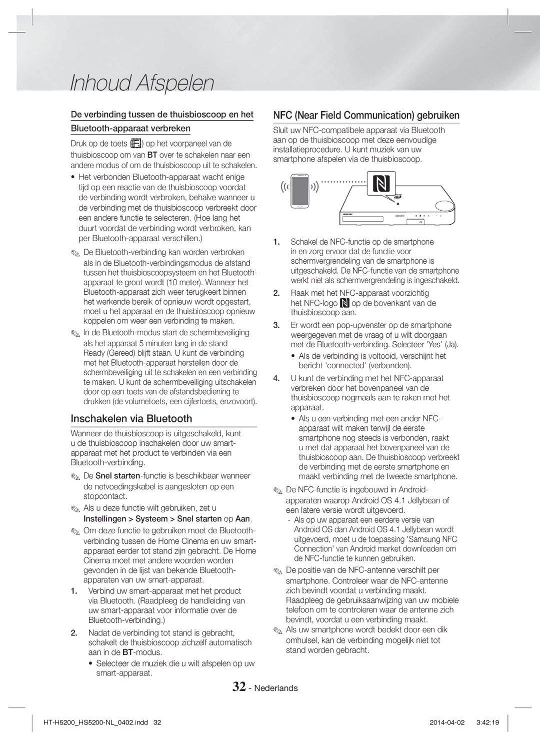 Samsung HT-HS5200/EN, HT-H5200/EN, HT-HS5200/ZF manual Inschakelen via Bluetooth, NFC Near Field Communication gebruiken 