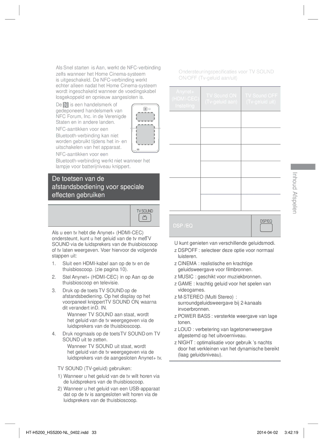 Samsung HT-H5200/EN, HT-HS5200/EN, HT-HS5200/ZF, HT-H5200/ZF manual TV Sound TV-geluid gebruiken, Bediening, Dsp /Eq, Aan 